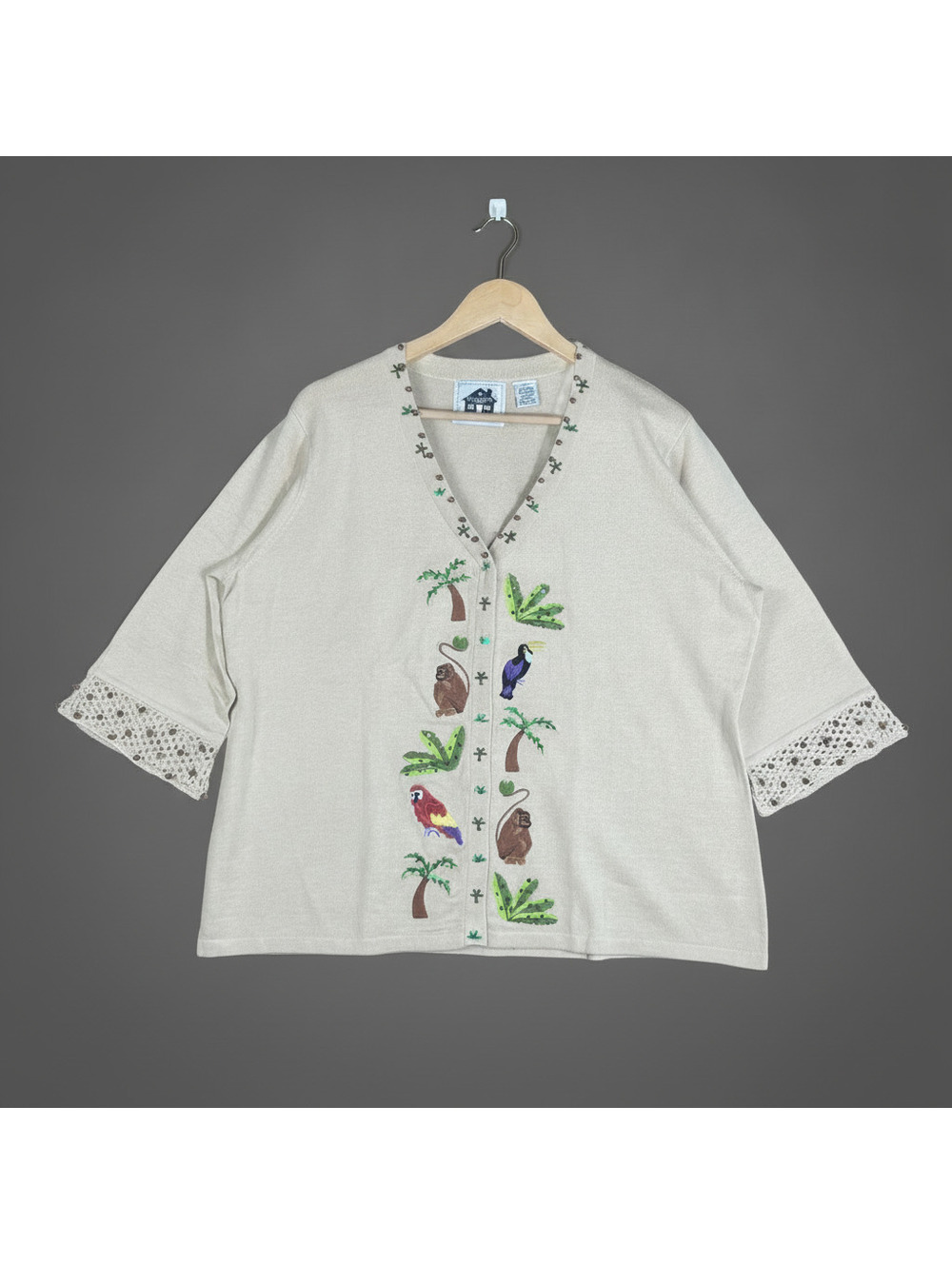 Vintage Storybook Knits Tan Safari Embroidered Cardigan Sweater 1X Grandmacore